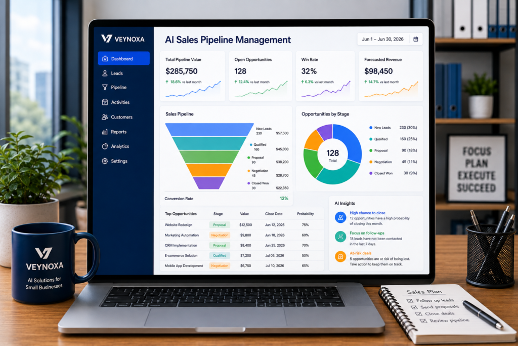 AI Sales Pipeline Management for Small Businesses AI sales pipeline management dashboard helping small businesses organize leads and improve sales performance.