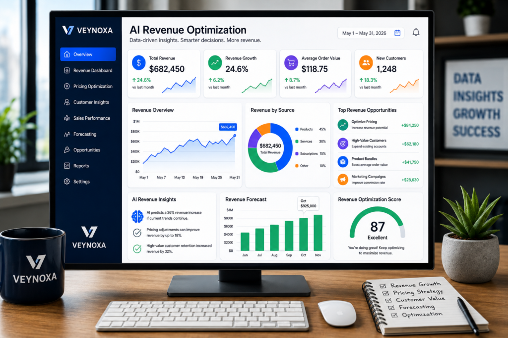 AI Revenue Optimization for Small Businesses AI revenue optimization dashboard helping small businesses increase sales and maximize business revenue.