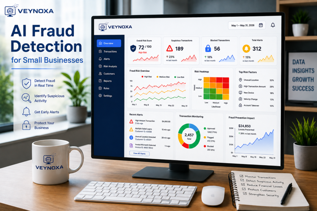 AI Fraud Detection for Small Businesses AI fraud detection dashboard helping small businesses identify suspicious transactions and reduce financial losses.